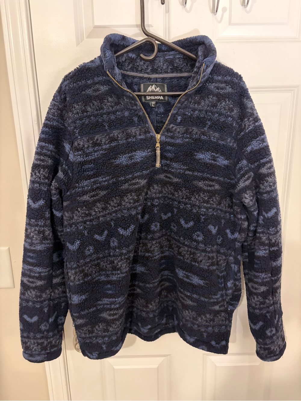 Alpine Navy and Charcoal Aztec Tribal Patterned Sherpa Half-Zip Sweater - Large